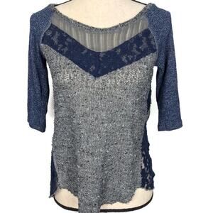 Free People Mix It Up Blouse Top Sweater Hacci thermal Blue Gray Tweed Lace XS